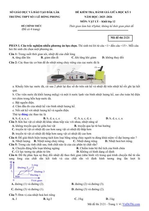 Đề thi Giữa kì 1 Vật lí 12 năm 2025-2026 trường THPT số 1 Lê Hồng Phong (Đắk Lắk)